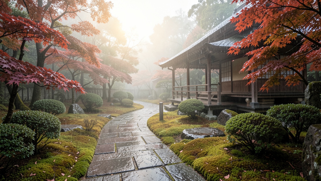 AI garden image generated with a detailed prompt describing rain, a tea house and morning light